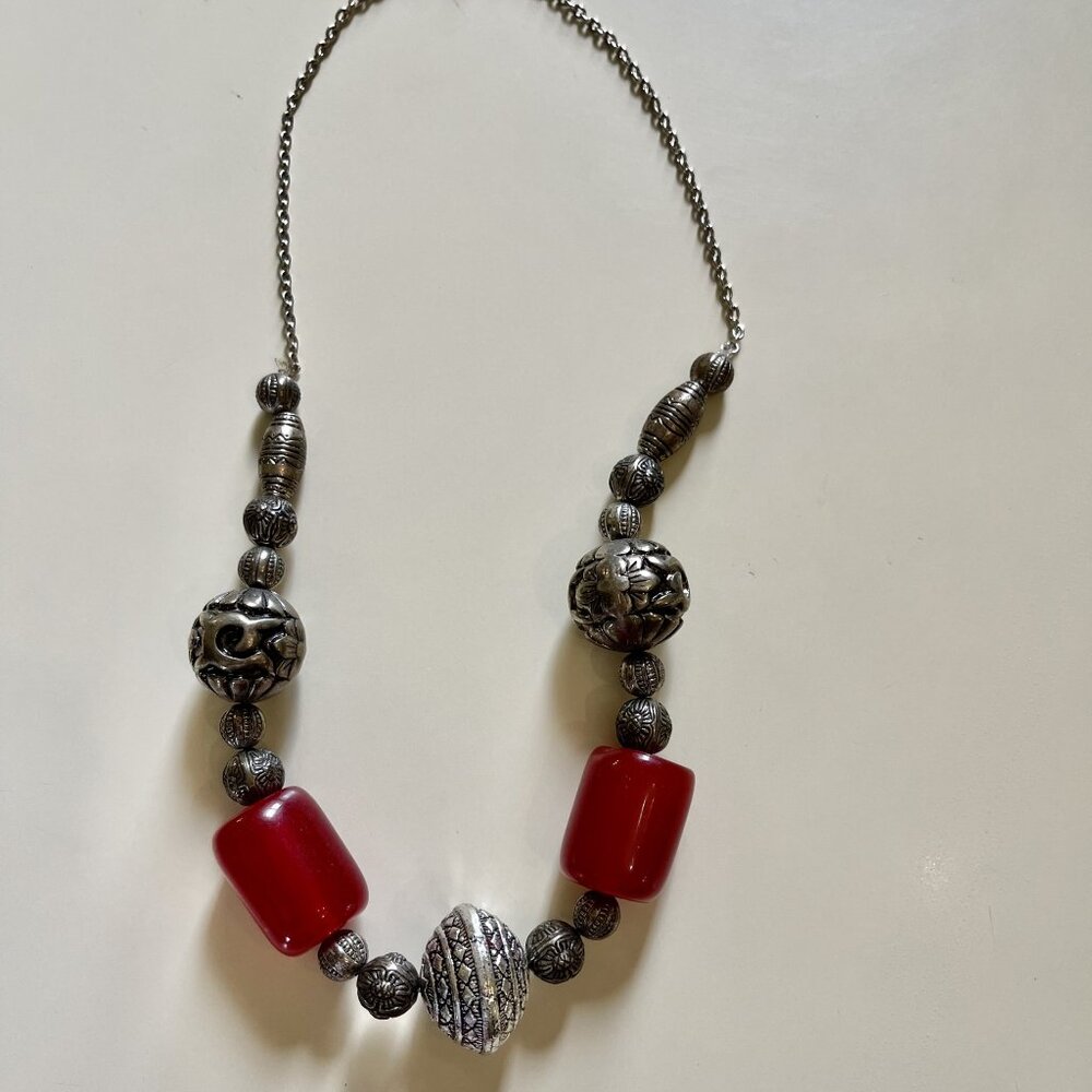 Bohemian red and silver toned beaded funky necklace, 22 inches long